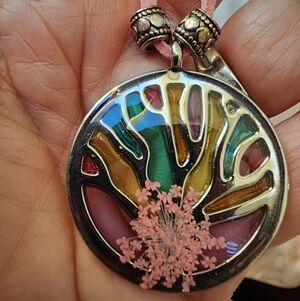 BrazenSoul Tree of Life Stained Glass Pendant with Real Pressed Flowers